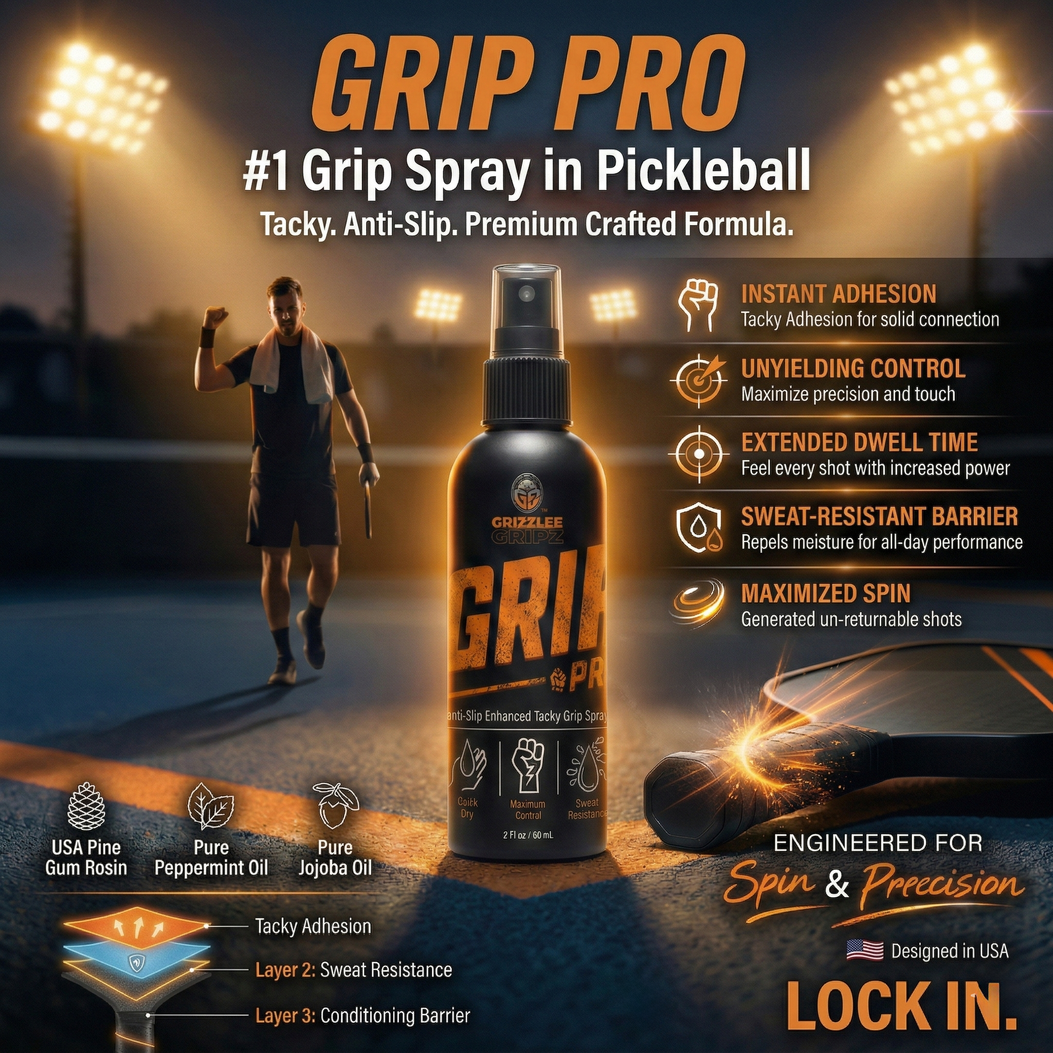 Grip Pro pickleball grip spray advertisement with a player on a court and product details.