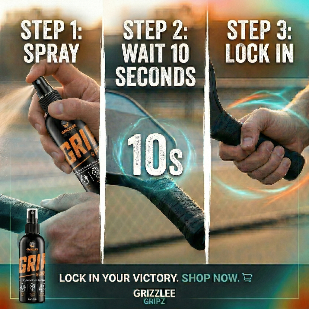 Three-step process for using Grizzlee Gripz with a close-up of hands and a spray bottle.