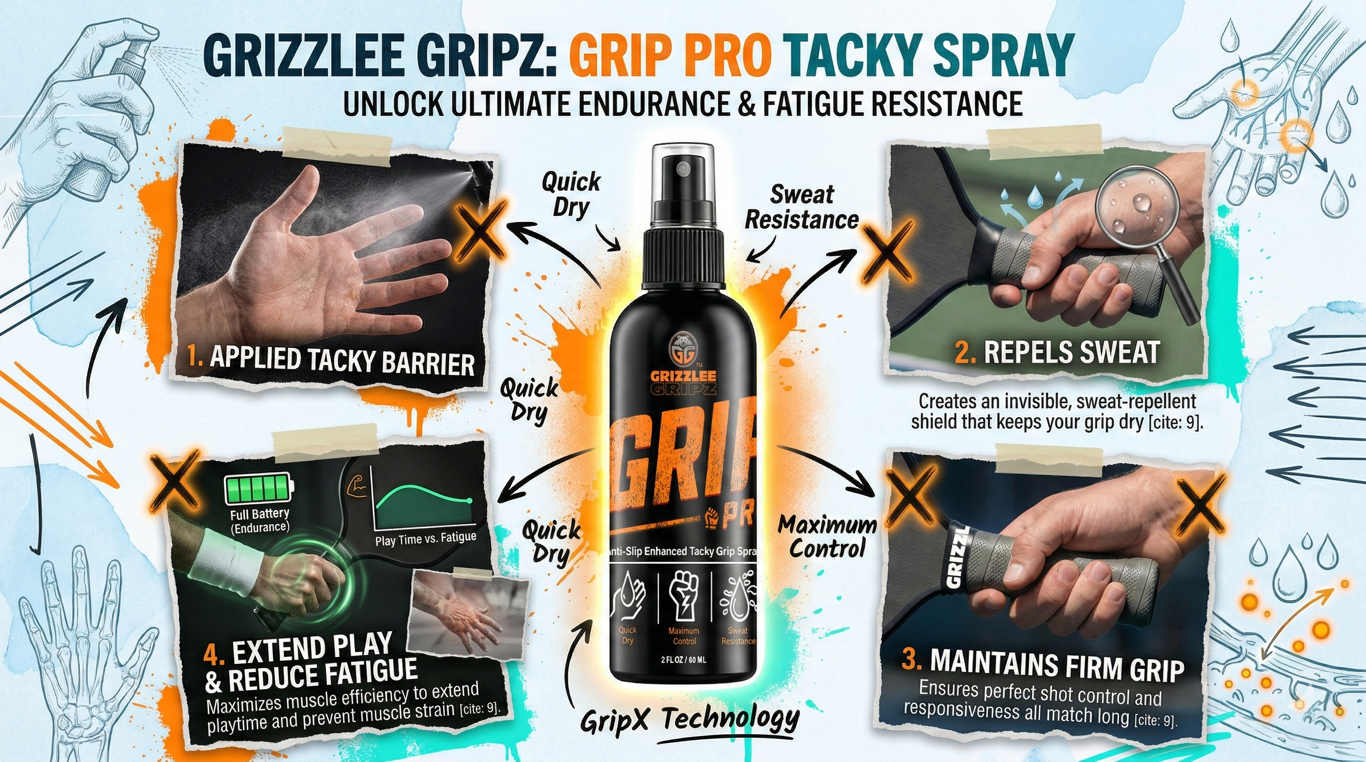 Promotional graphic for Grizzlee Gripz Grip Pro Tacky Spray with features and benefits highlighted.
