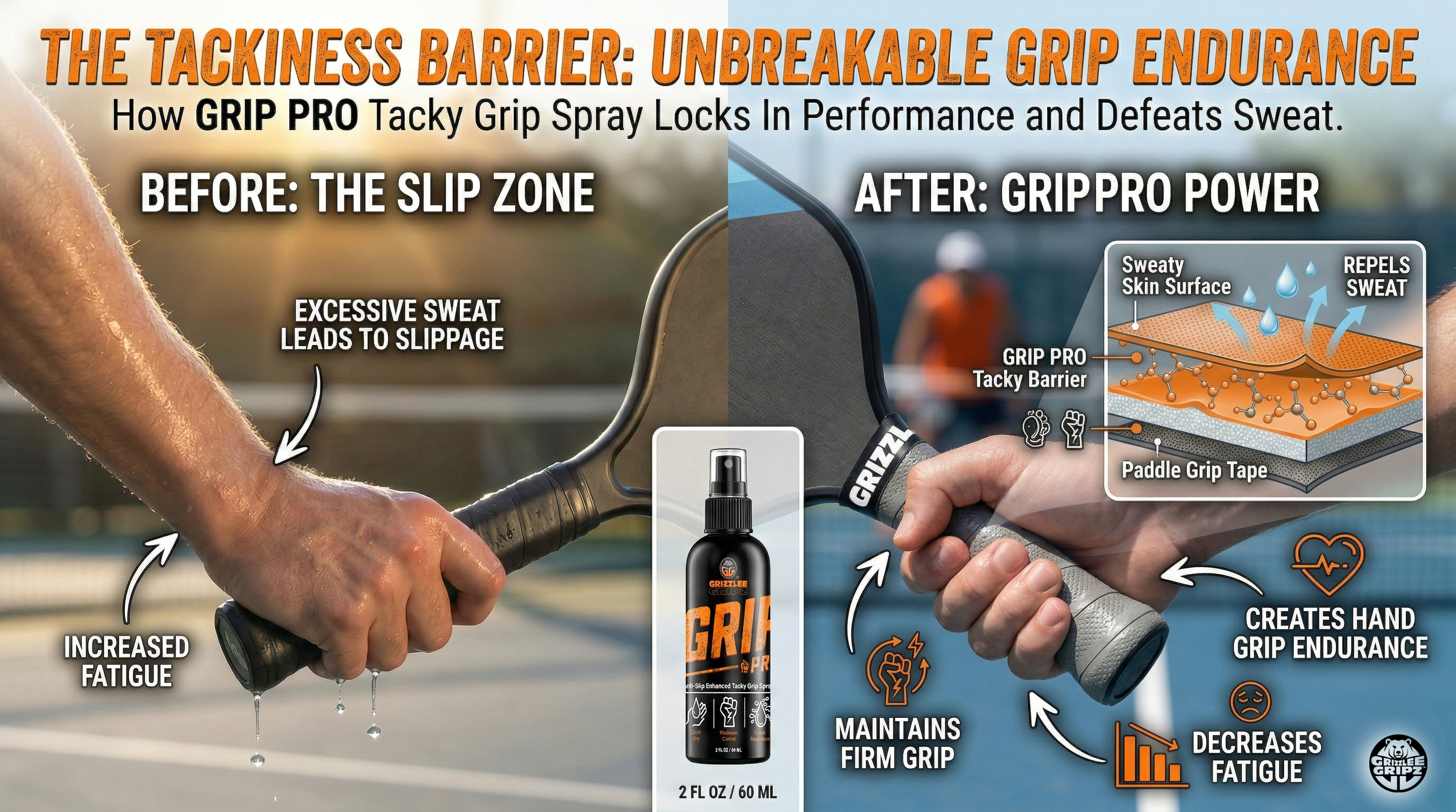 Grippy Pro Tacky Grip Spray advertisement showing before and after effects on a paddle grip.