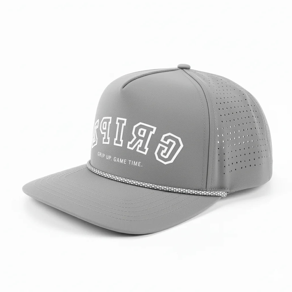 Gray cap with white text on a white background