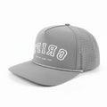 Gray cap with white text on a white background