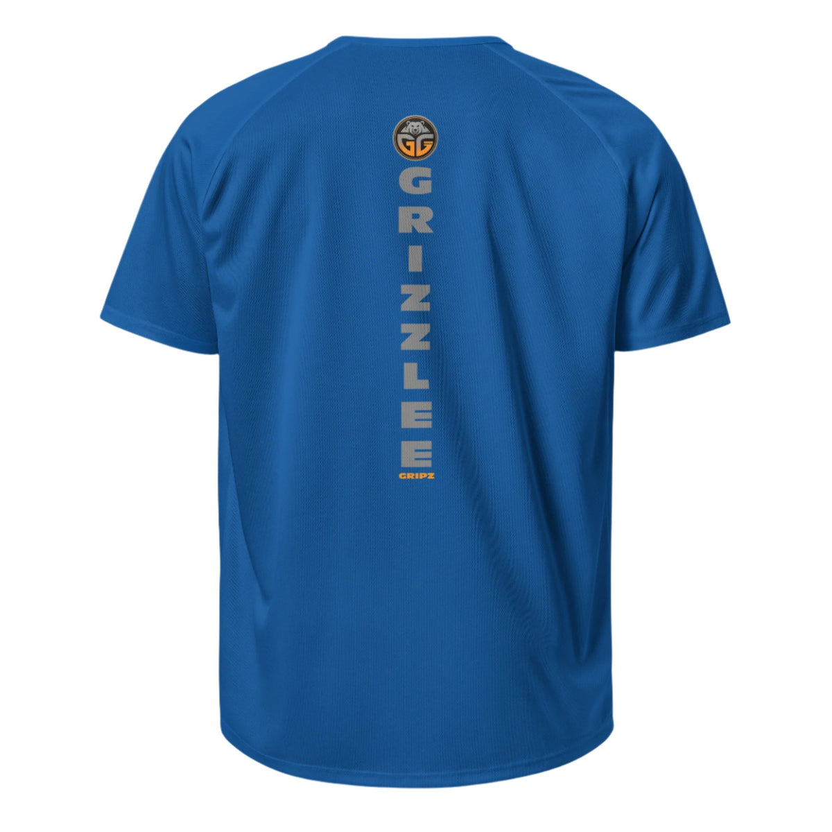 Grizzlee Gripz | Premium Royal Blue On Court Playing T-shirt back logo with gray and orange lettering