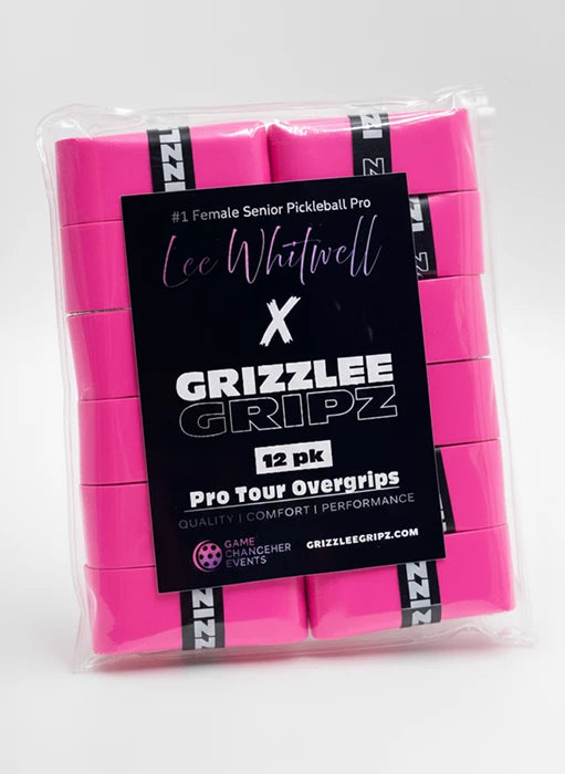 Pack of Neon pink pickleball overgrips with Grizzlee Gripz branding on a white background