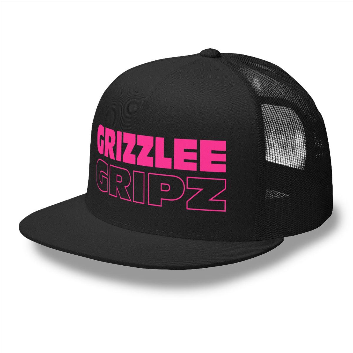 black trucker hat with Neon Pink grizzlee gripz branding on the front
