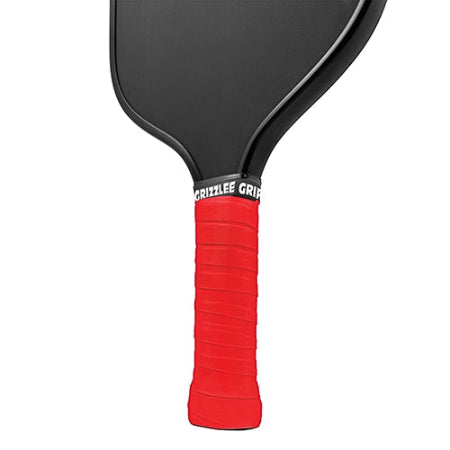 A vibrant Red Grizzlee Gripz Overgrip wrapped around a pickleball paddle, showcasing its bold color and textured surface enhanced by GripX Technology for a sweat-resistant grip


