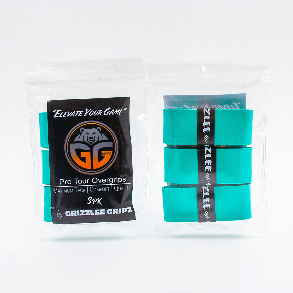 Grizzlee Gripz pickleball grips in a sapphire green color packs of 3 side by side on a white background HD photography representing the quality and performance