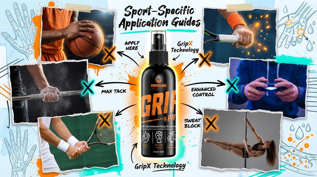 GripX spray bottle with sports-themed application images and text.