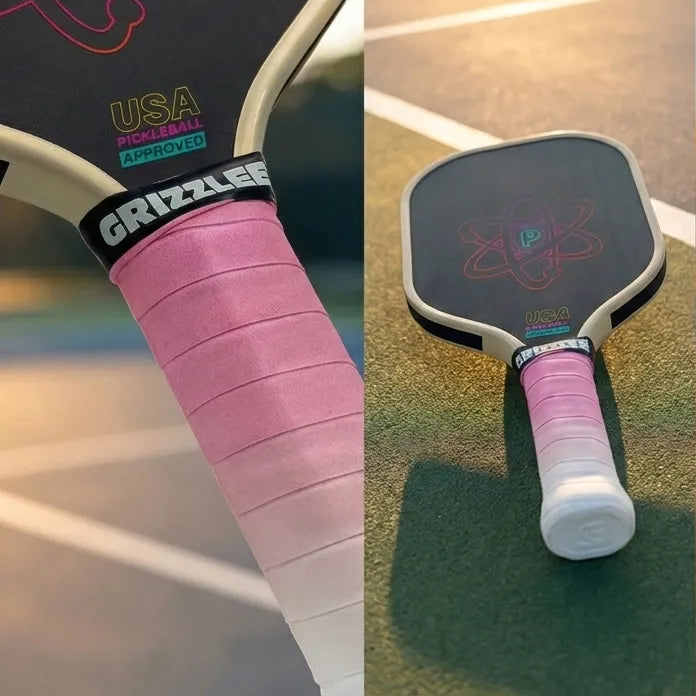 Two views of a pickleball paddle with pink handle on a blurred court background