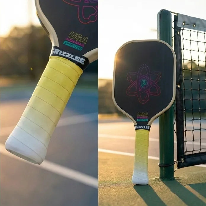 Close-up of a pickleball paddle with a blurred background on the left, and the paddle on a court with a net in the background on the right.