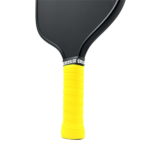 Bright Yellow Grizzlee Gripz Pro Tour Pickleball Overgrip on Paddle. Profile of the best grips in 2025. Performance and comfort thats unmatched

