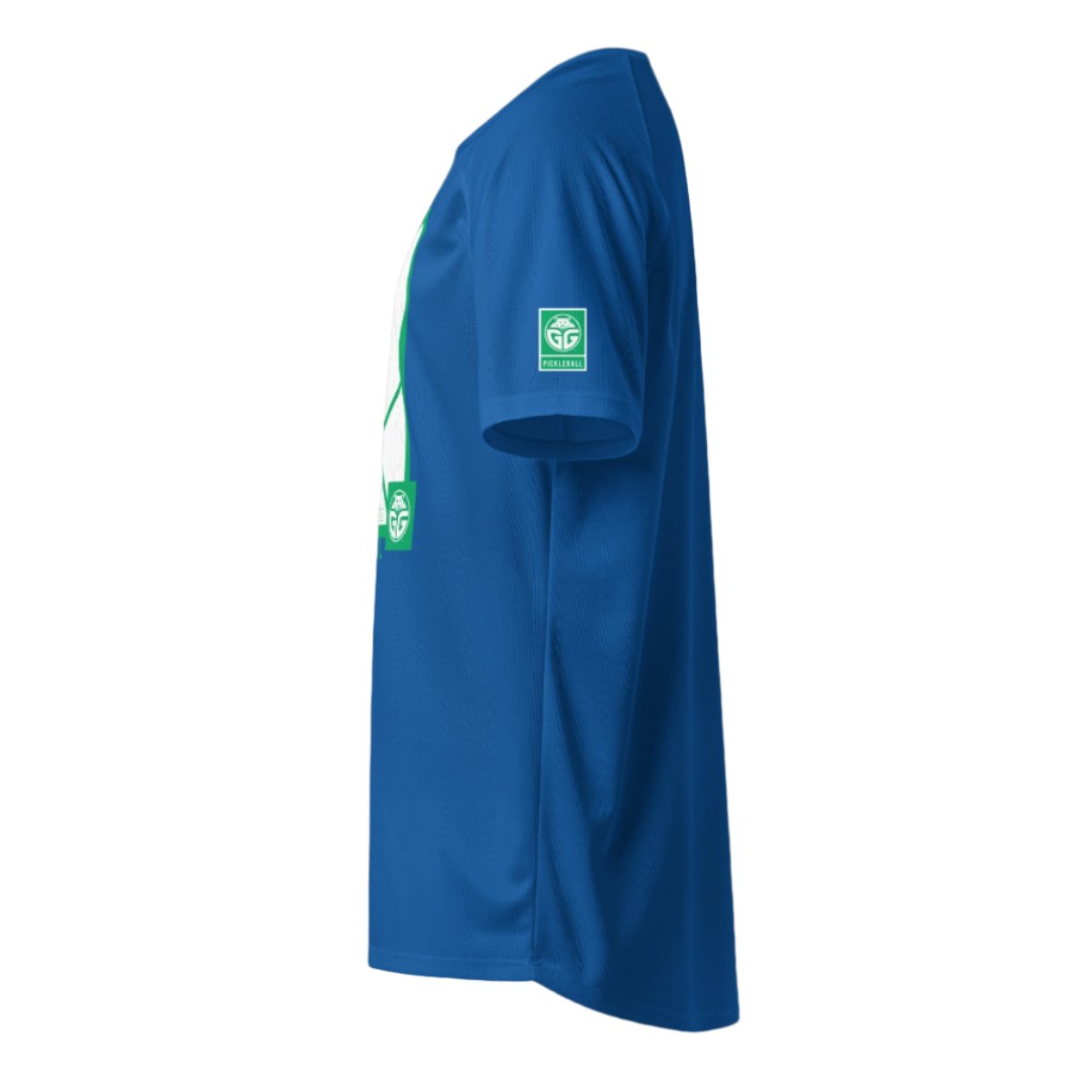 grizzlee gripz breathable court royal blue t-shirt side profile with green and white logo on the left sleeve